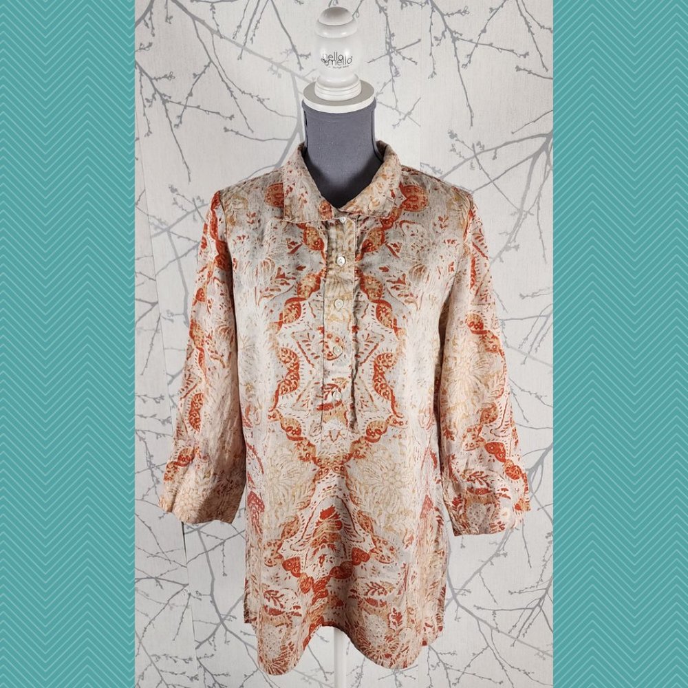 Chico's Orange Artsy Printed 100% Linen Popover Tunic
